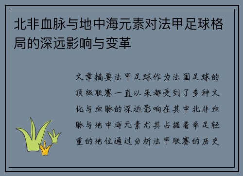 北非血脉与地中海元素对法甲足球格局的深远影响与变革