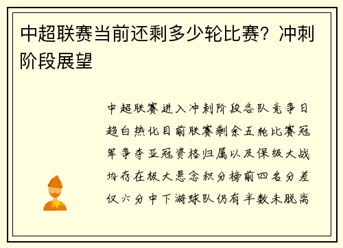 中超联赛当前还剩多少轮比赛？冲刺阶段展望