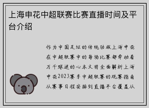 上海申花中超联赛比赛直播时间及平台介绍