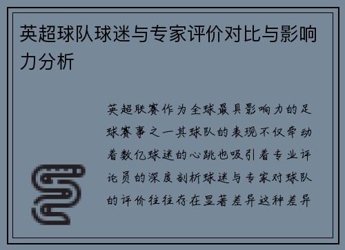 英超球队球迷与专家评价对比与影响力分析